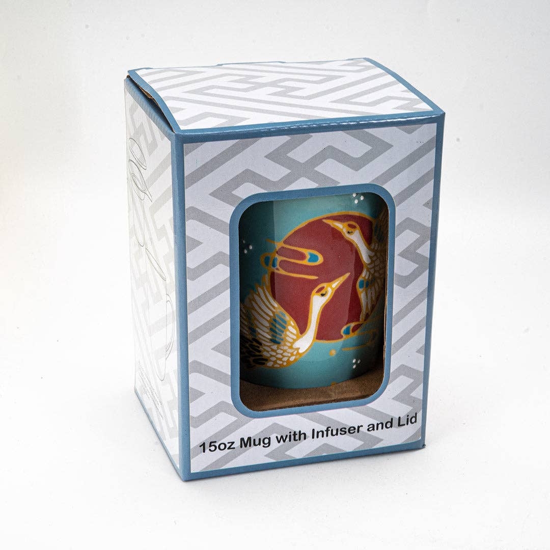 Japanese Crane Design 15oz Tea Mugs with Lid and Infuser