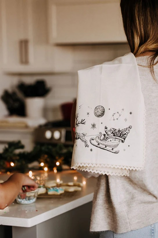 "Santa Claus" Linen Tea Towel with lace edging