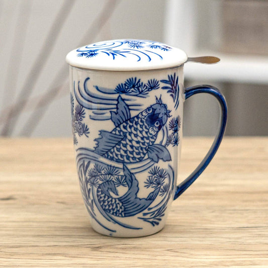 Koi Fish Design 15oz Tea Mugs with Lid and Infuser