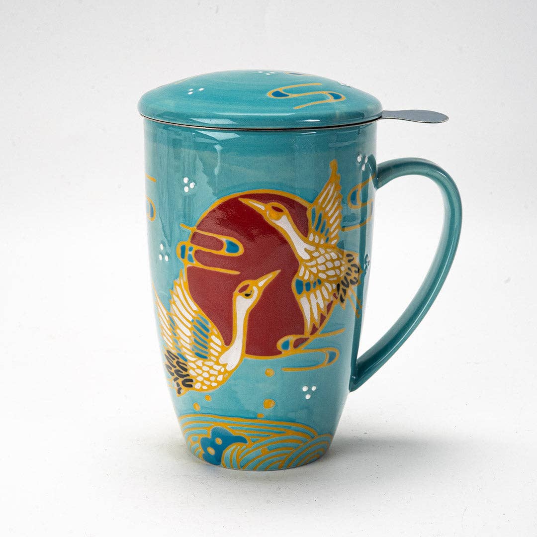Japanese Crane Design 15oz Tea Mugs with Lid and Infuser