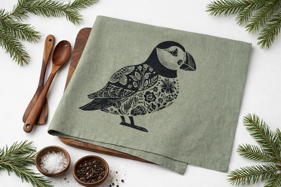 "Pretty Puffin" Tea Towel (Linen/Cotton Blend)