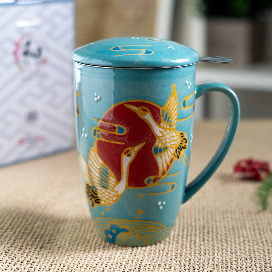 Japanese Crane Design 15oz Tea Mugs with Lid and Infuser