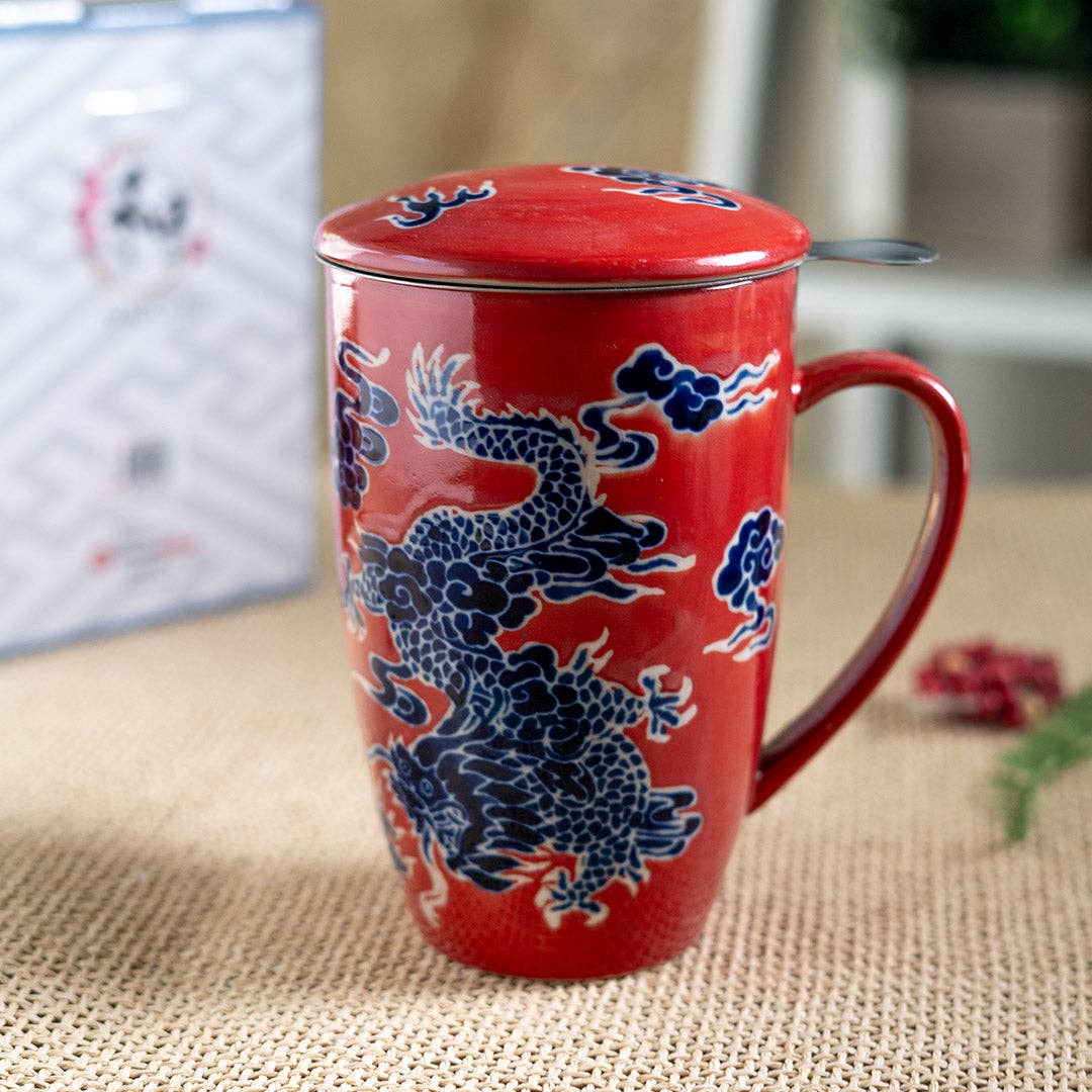 Oriental Dragon Design 15oz Tea Mugs with Lid and Infuser