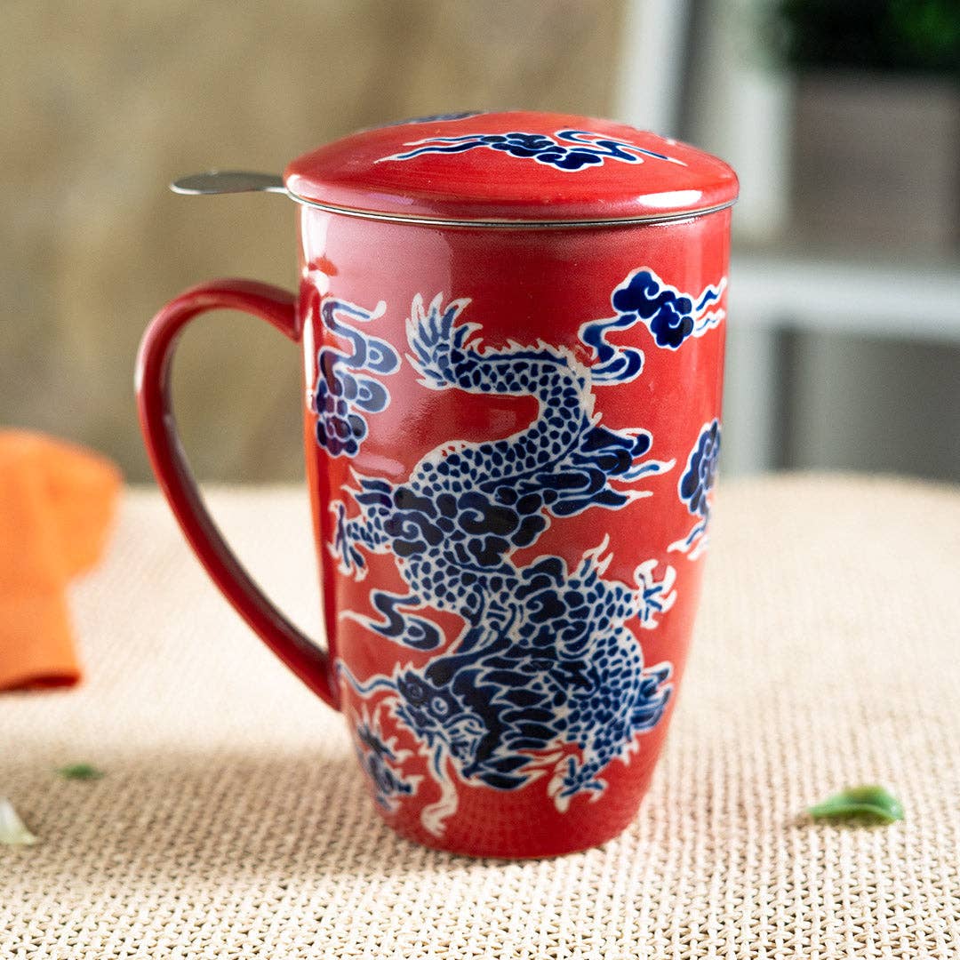 Oriental Dragon Design 15oz Tea Mugs with Lid and Infuser