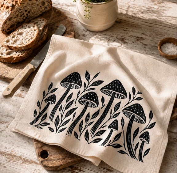 "Whimsy Mushrooms" Tea Towel (Taupe)
