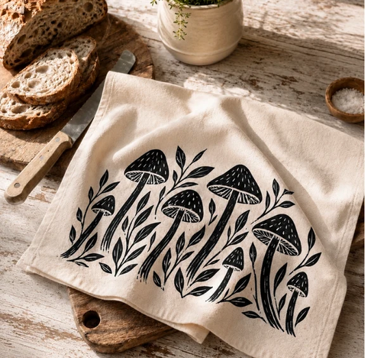 "Whimsy Mushrooms" Tea Towel (Taupe)
