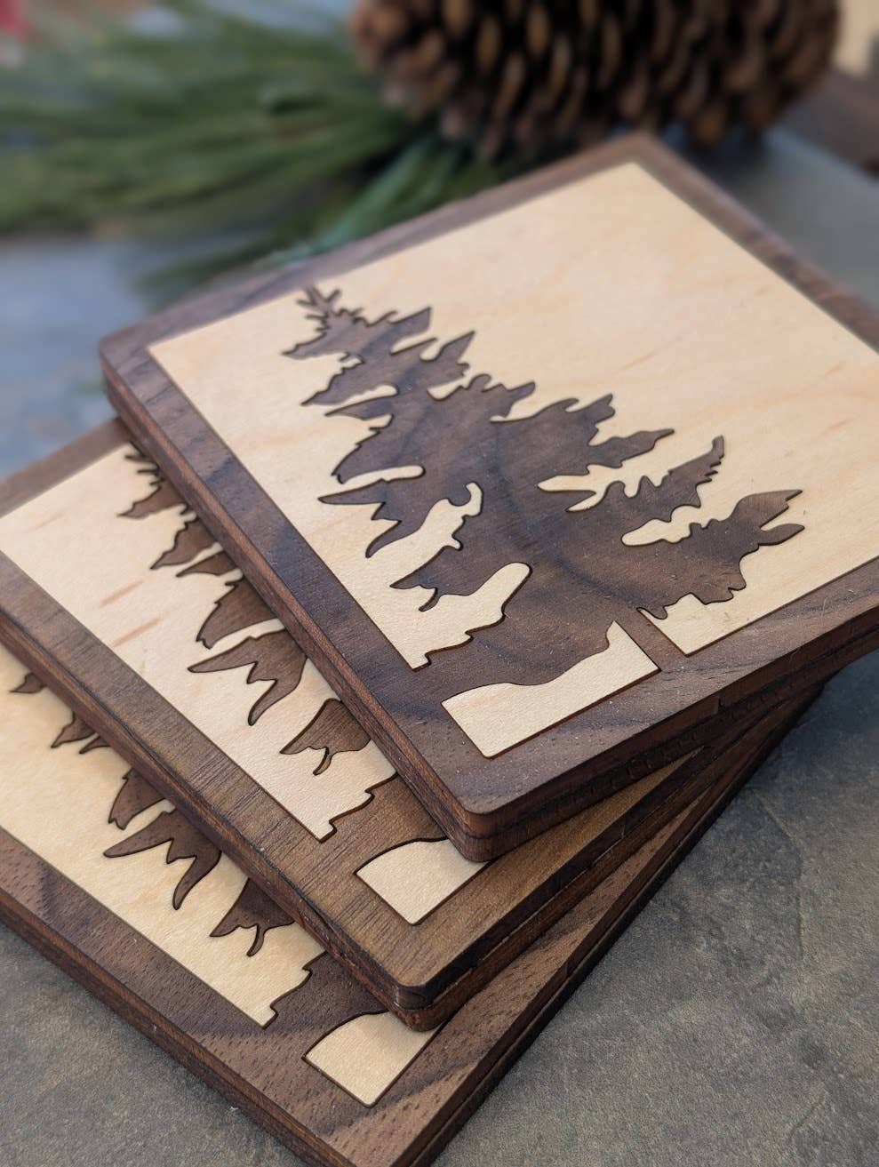 Pine Tree Inlay Wood Coaster