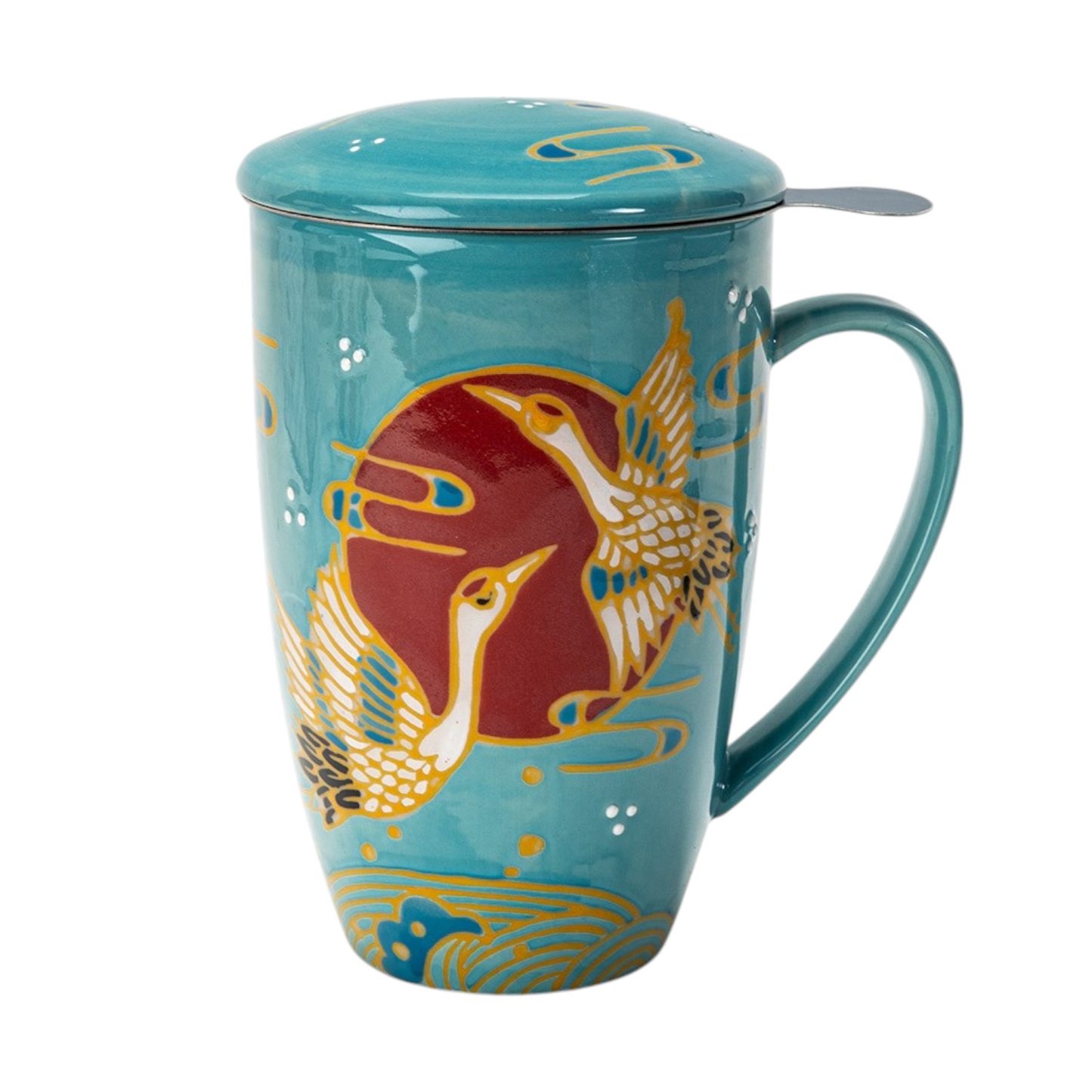 Japanese Crane Design 15oz Tea Mugs with Lid and Infuser
