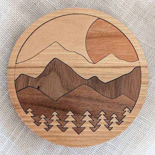 Mountain Landscape Wood Inlay Coaster