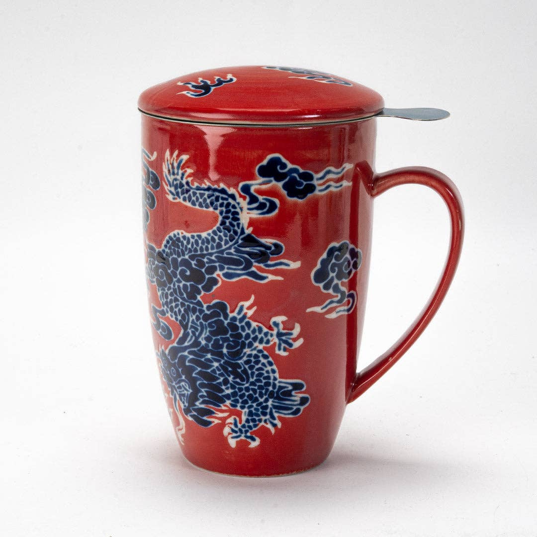 Oriental Dragon Design 15oz Tea Mugs with Lid and Infuser