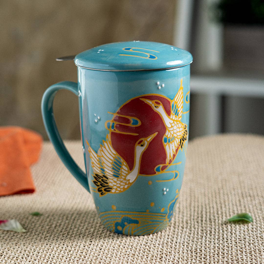 Japanese Crane Design 15oz Tea Mugs with Lid and Infuser