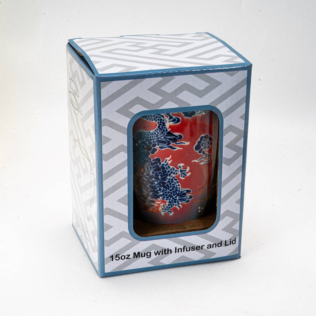 Oriental Dragon Design 15oz Tea Mugs with Lid and Infuser