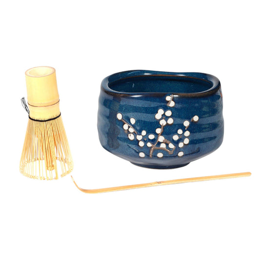 Navy Blue Sakura Matcha Bowl Set (w/ Whisk and Spoon)