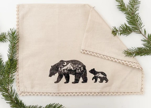 "Mama & Cub" Linen Tea Towel with lace edging