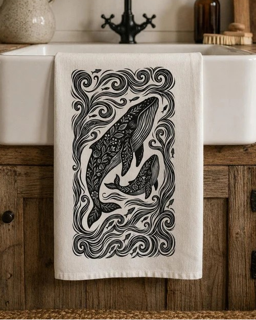 "Whale in Waves" Tea Towel (Taupe)
