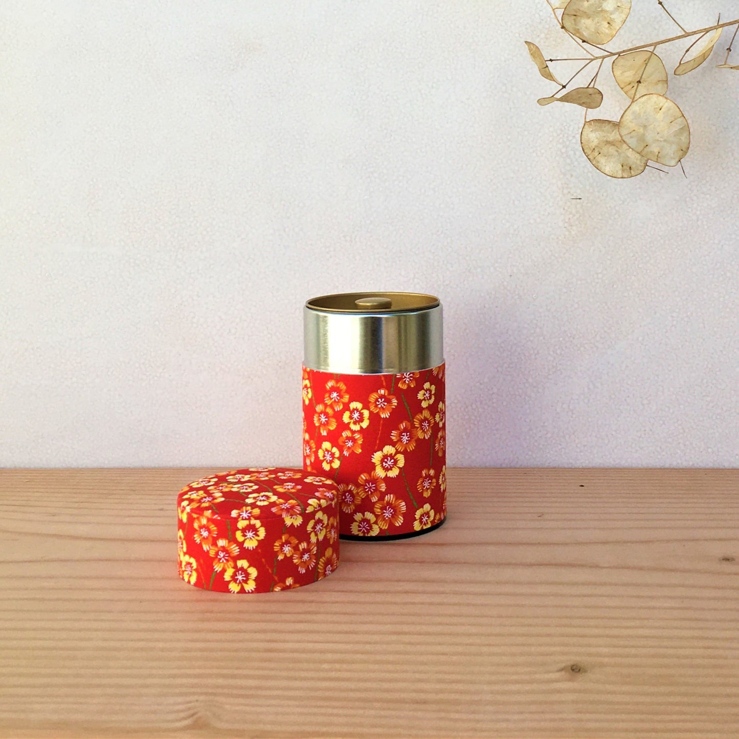 Red with Orange Blossoms, Washi Paper Canister