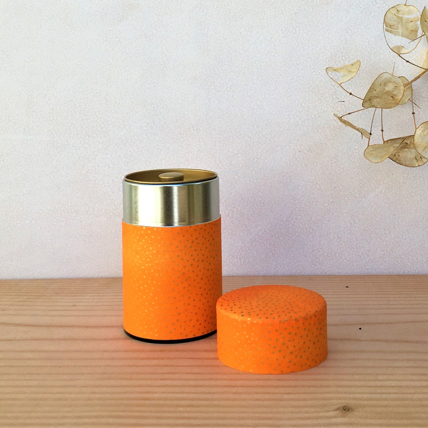 Orange with Gold dots, Washi Paper Canister