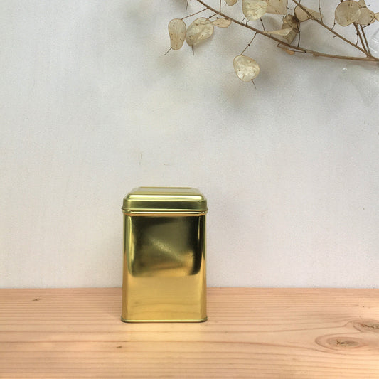 Lata cuadrada dorada de 125-150 g con tapa con bisagras